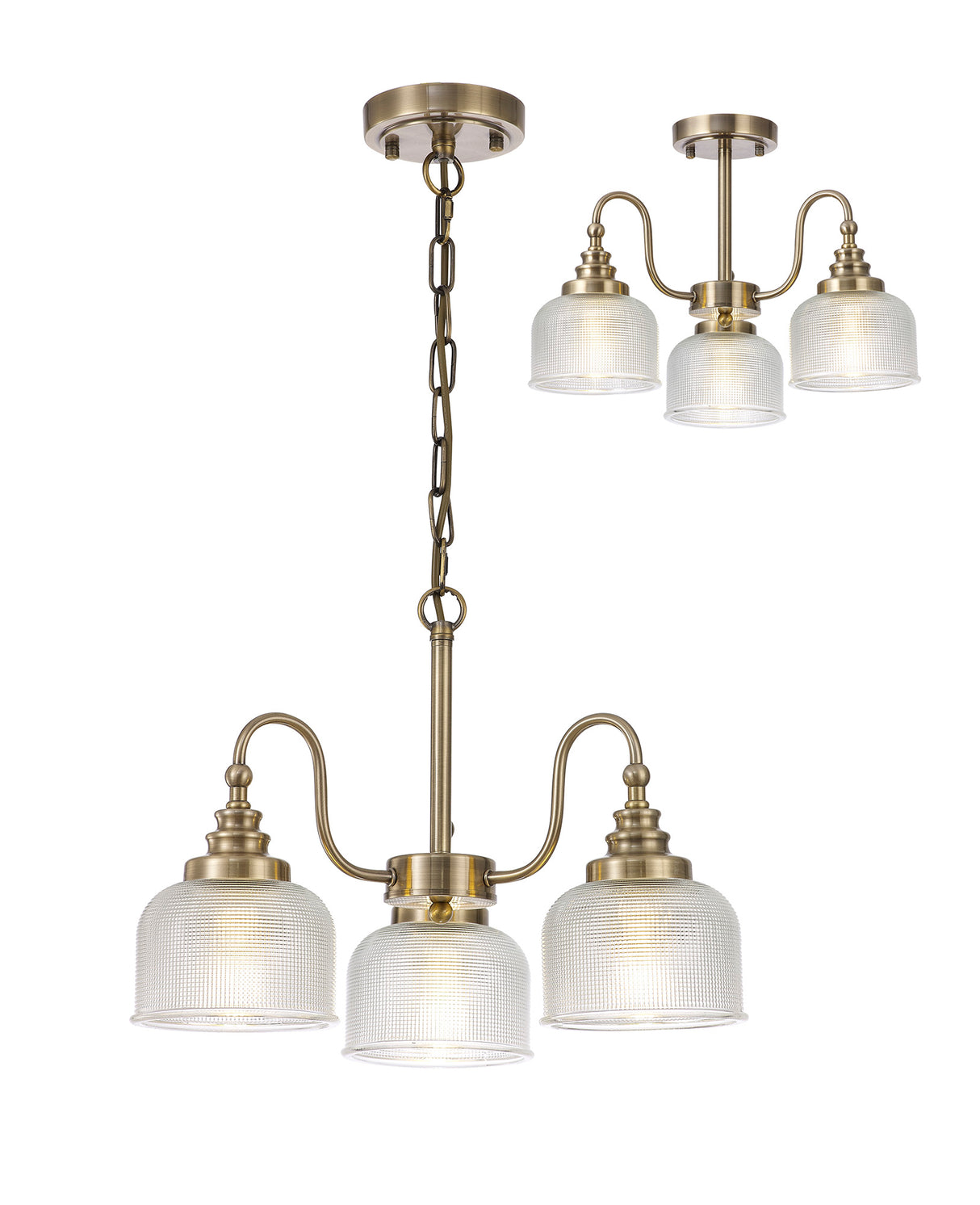 Gray Semi Flush / Pendant, 3 Light E27, Antique Brass / Prismatic Glass