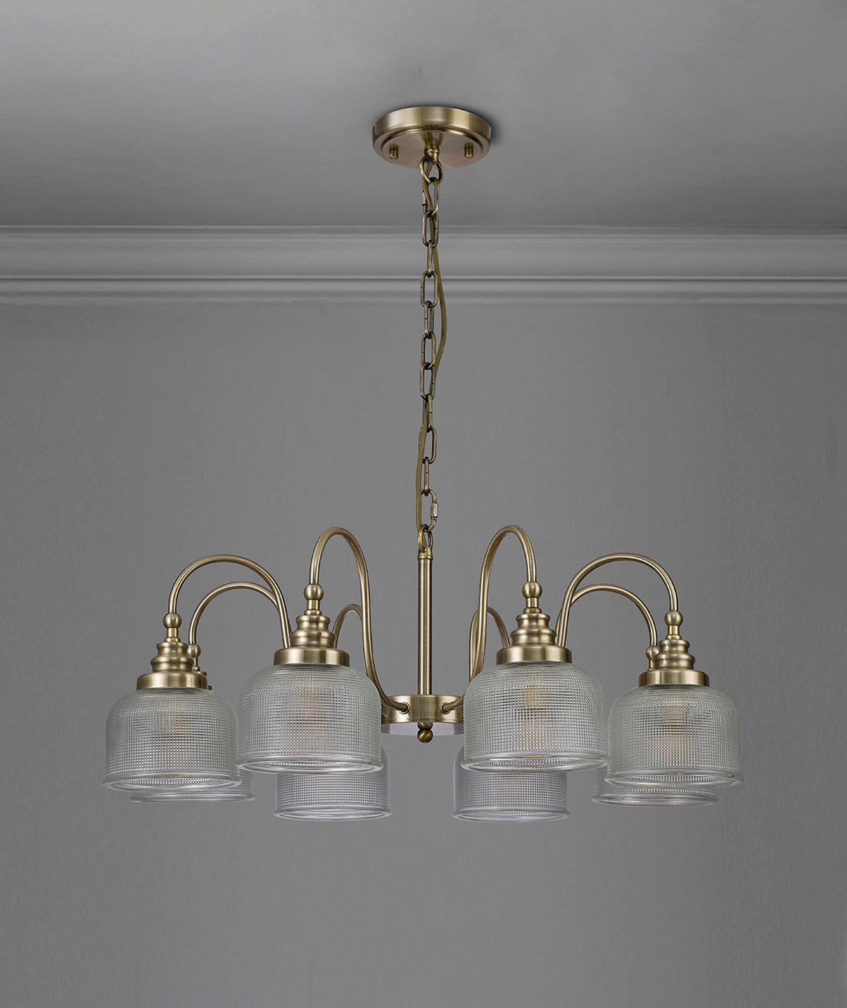 Gray Semi Flush / Pendant, 8 Light E27, Antique Brass / Prismatic Glass