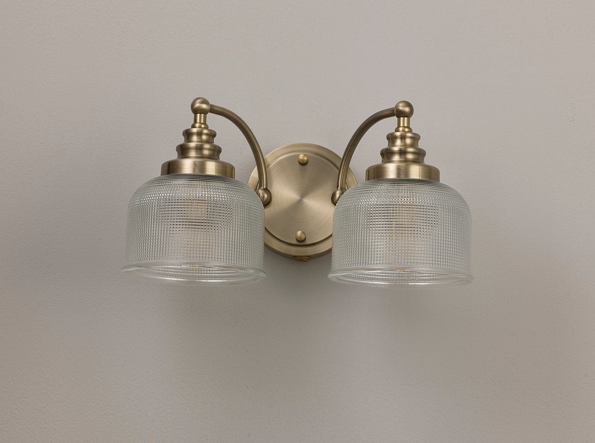 Gray Switched Wall Lamp 2 Light E27 Antique Brass / Prismatic Glass