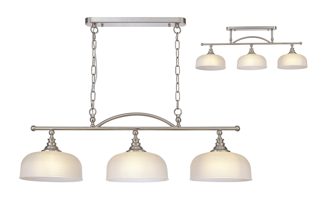 Gray Semi Flush / Pendant Bar, 3 Light Adjustable E27, Satin Nickel / Frosted Glass