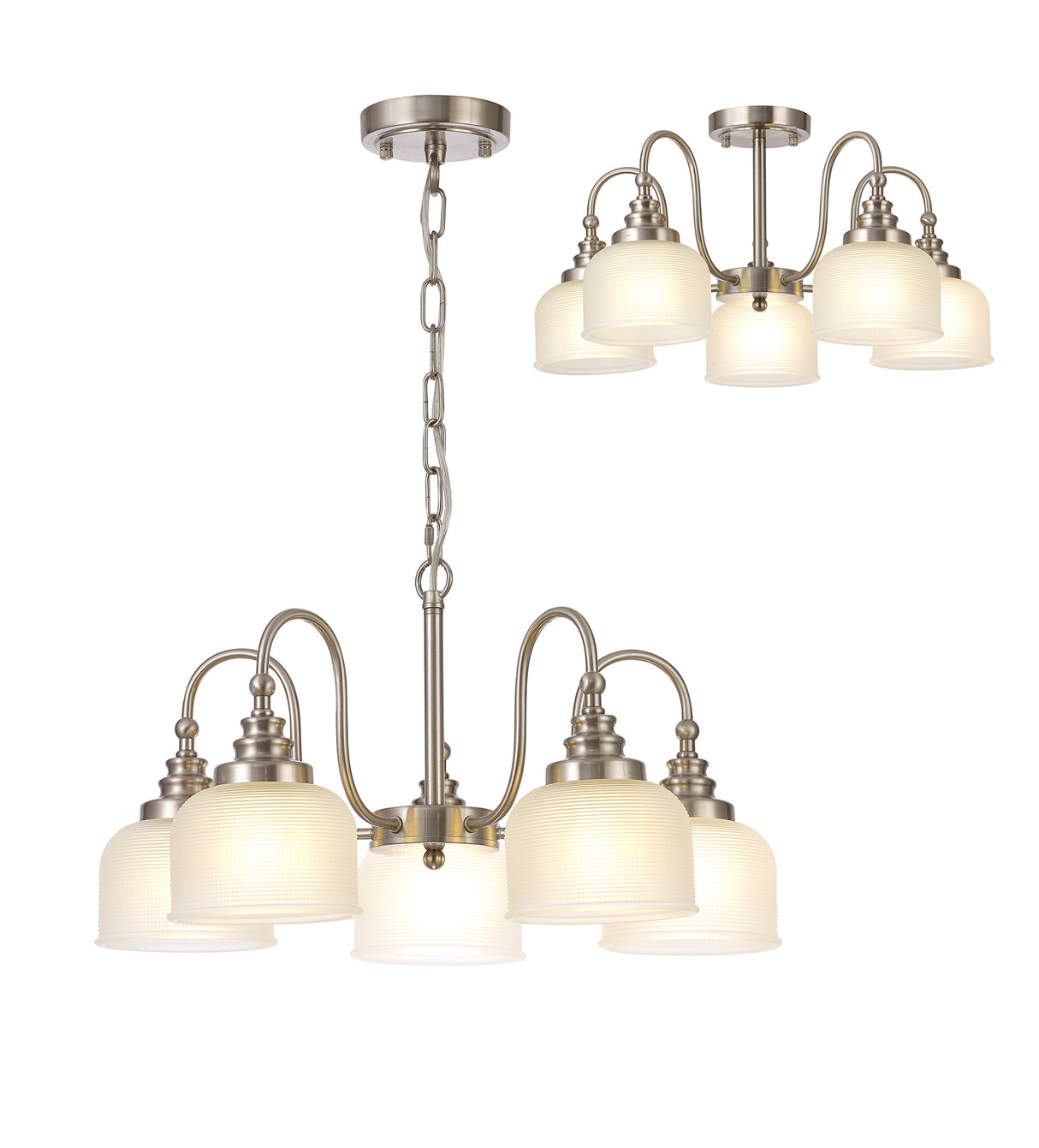 Gray Semi Flush / Pendant, 5 Light E27, Satin Nickel / Frosted Glass