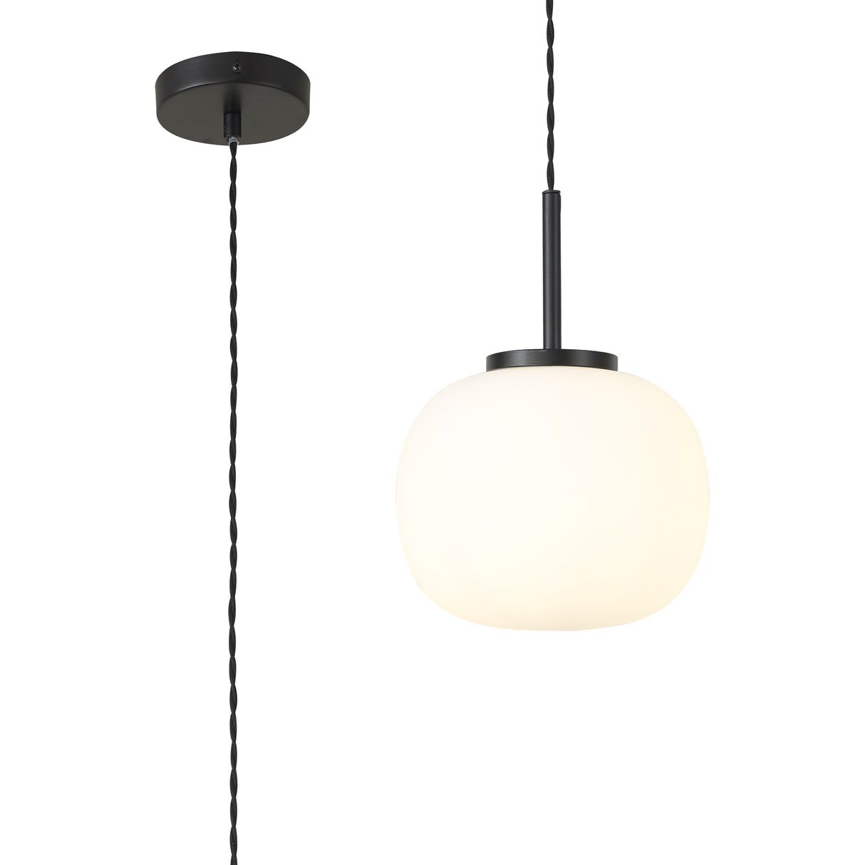 Cunnington Small Oval Ball Pendant 1 Light E27 Matt Black Suspension With Frosted White Glass Globe