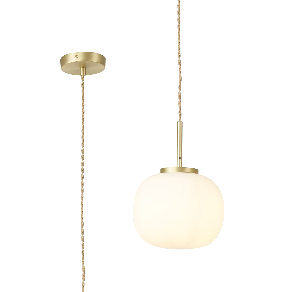 Cunnington Small Oval Ball Pendant 1 Light E27 Satin Gold Suspension With Frosted White Glass Globe