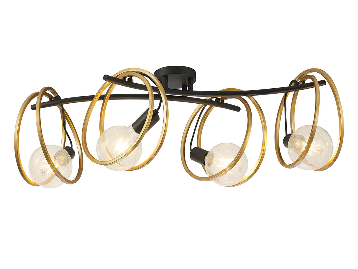 Kay Double Ring Ceiling Flush, 4 Light E27, Matt Black / Painted Gold, G95/120 Lamp Recommended