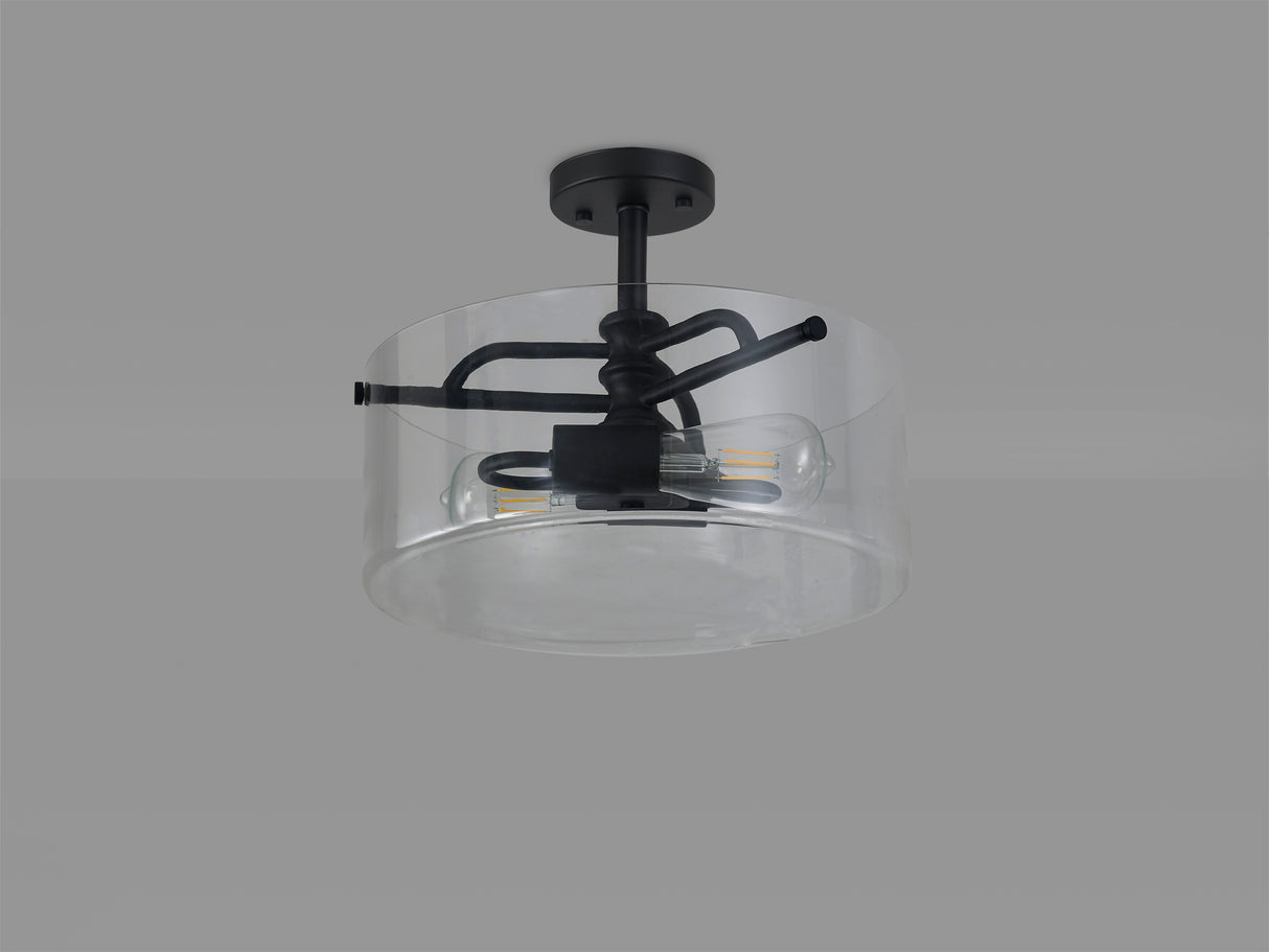 Venison Semi Flush Ceiling, 2 Light E27, Sand Black / Clear Glass