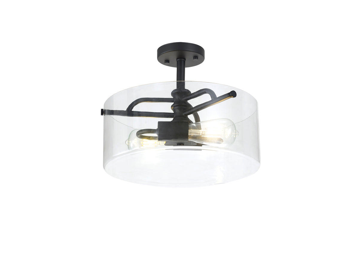 Venison Semi Flush Ceiling, 2 Light E27, Sand Black / Clear Glass