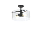 Venison Semi Flush Ceiling, 2 Light E27, Sand Black / Clear Glass