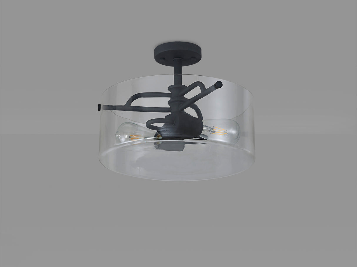 Venison Semi Flush Ceiling, 2 Light E27, Anthracite / Clear Glass