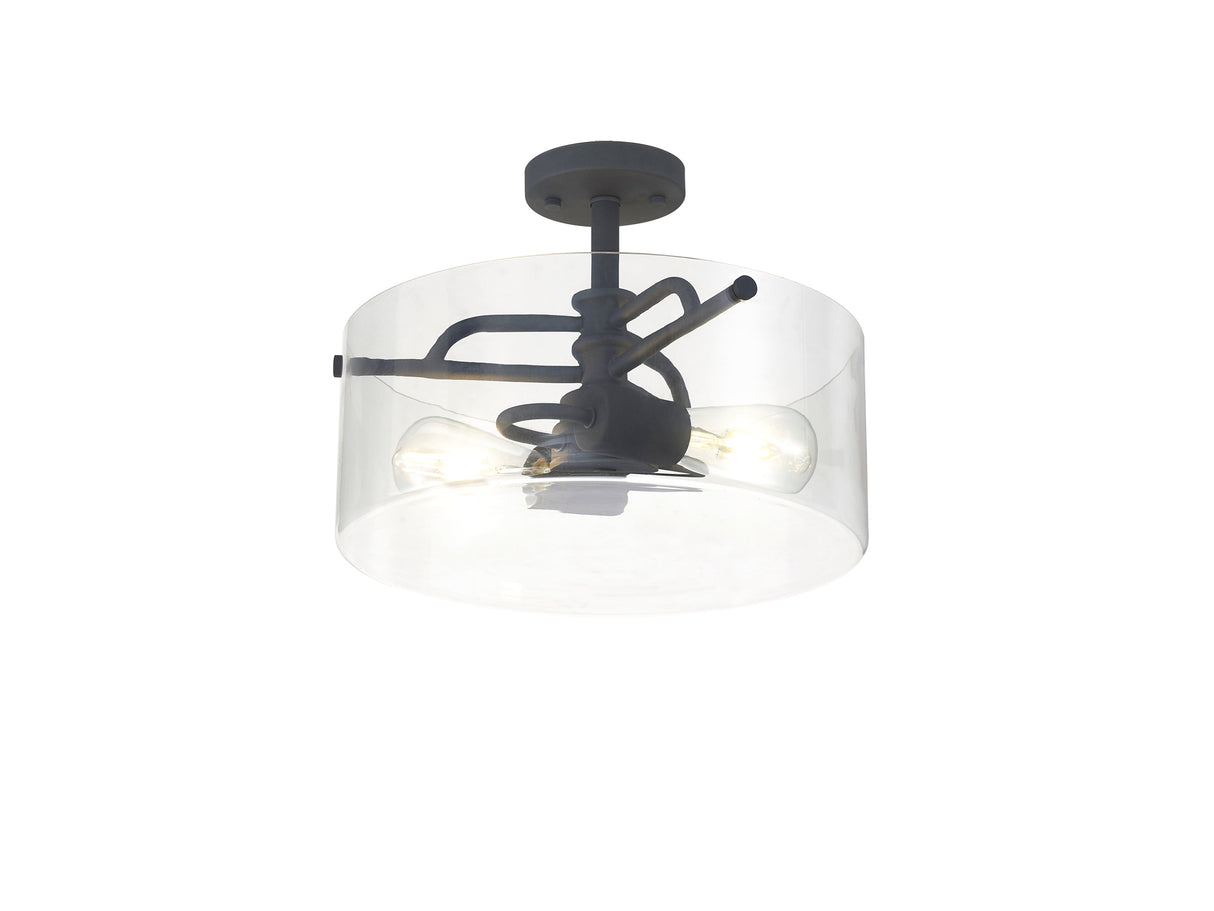 Venison Semi Flush Ceiling, 2 Light E27, Anthracite / Clear Glass