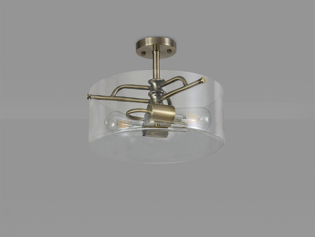 Venison Semi Flush Ceiling, 2 Light E27, Antique Brass / Clear Glass