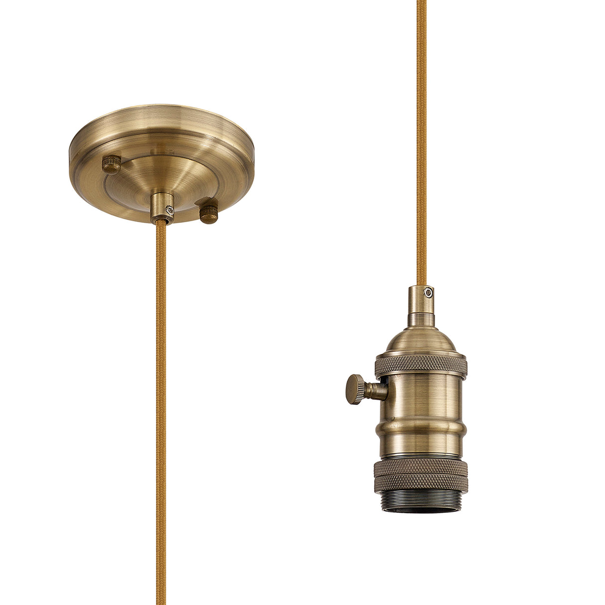 Rae Switched Pendant Light Kit 1.5m, 1 x E27, Antique Brass / Golden Brown Braided 2 Core Braided Cable
