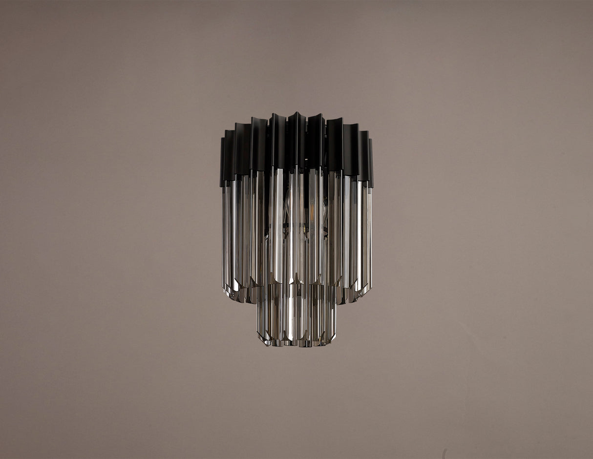 Longhorn 30cm Ceiling Round 3 Light E14, Matt Black / Smoke Sculpted Glass