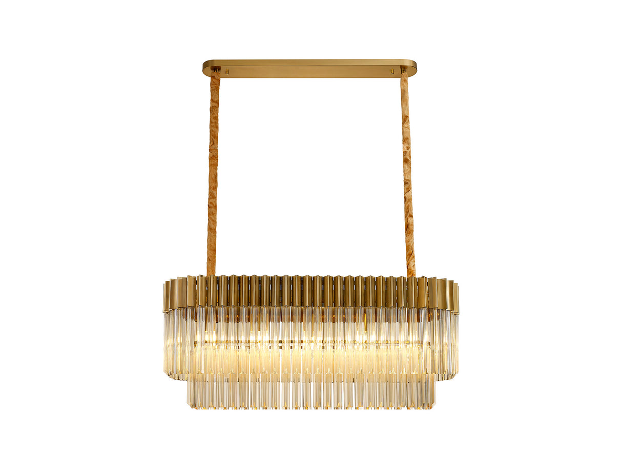 Longhorn 100 x 32cm Pendant Rectangle 5 Light E14, Brass / Cognac Sculpted Glass, Item Weight: 21kg