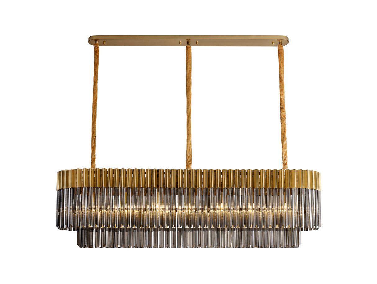 Longhorn 150 x 40cm Pendant Rectangle 7 Light E14, Brass / Smoke Sculpted Glass, Item Weight: 28kg
