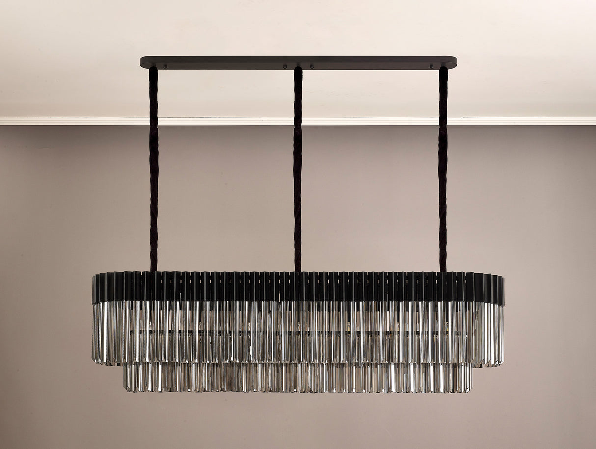 Longhorn 150 x 40cm Pendant Rectangle 7 Light E14, Matt Black / Smoke Sculpted Glass, Item Weight: 28kg