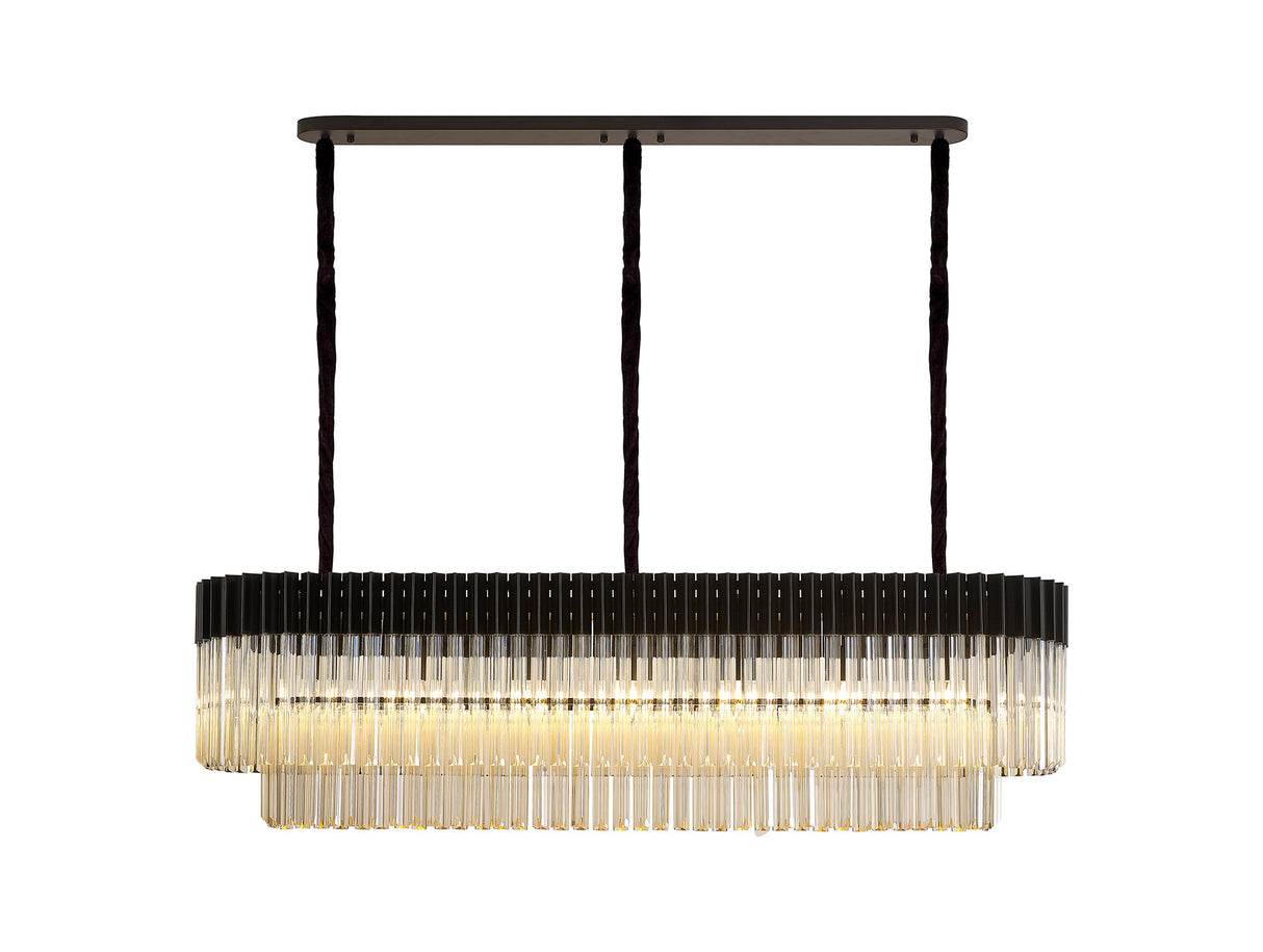 Longhorn 150 x 40cm Pendant Rectangle 7 Light E14, Matt Black / Cognac Sculpted Glass, Item Weight: 28kg