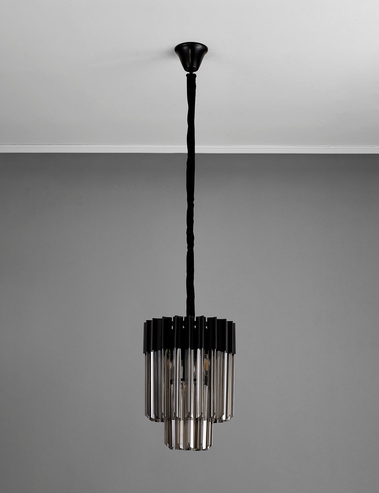 Longhorn 30cm Pendant Round 4 Light E14, Matt Black / Smoke Sculpted Glass