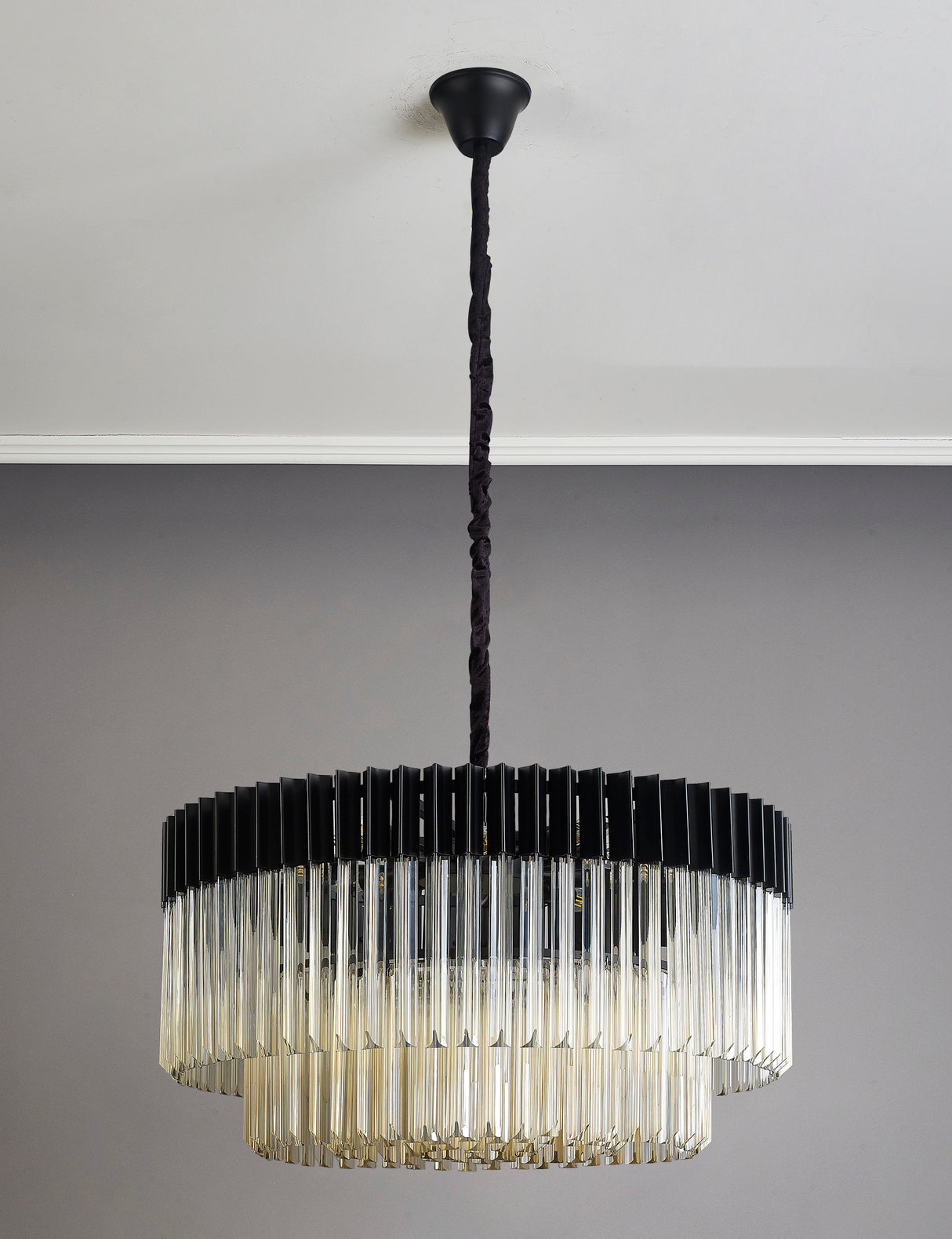 Longhorn 80cm Pendant Round 12 Light E14, Matt Black / Cognac Sculpted Glass, Item Weight: 25.4kg