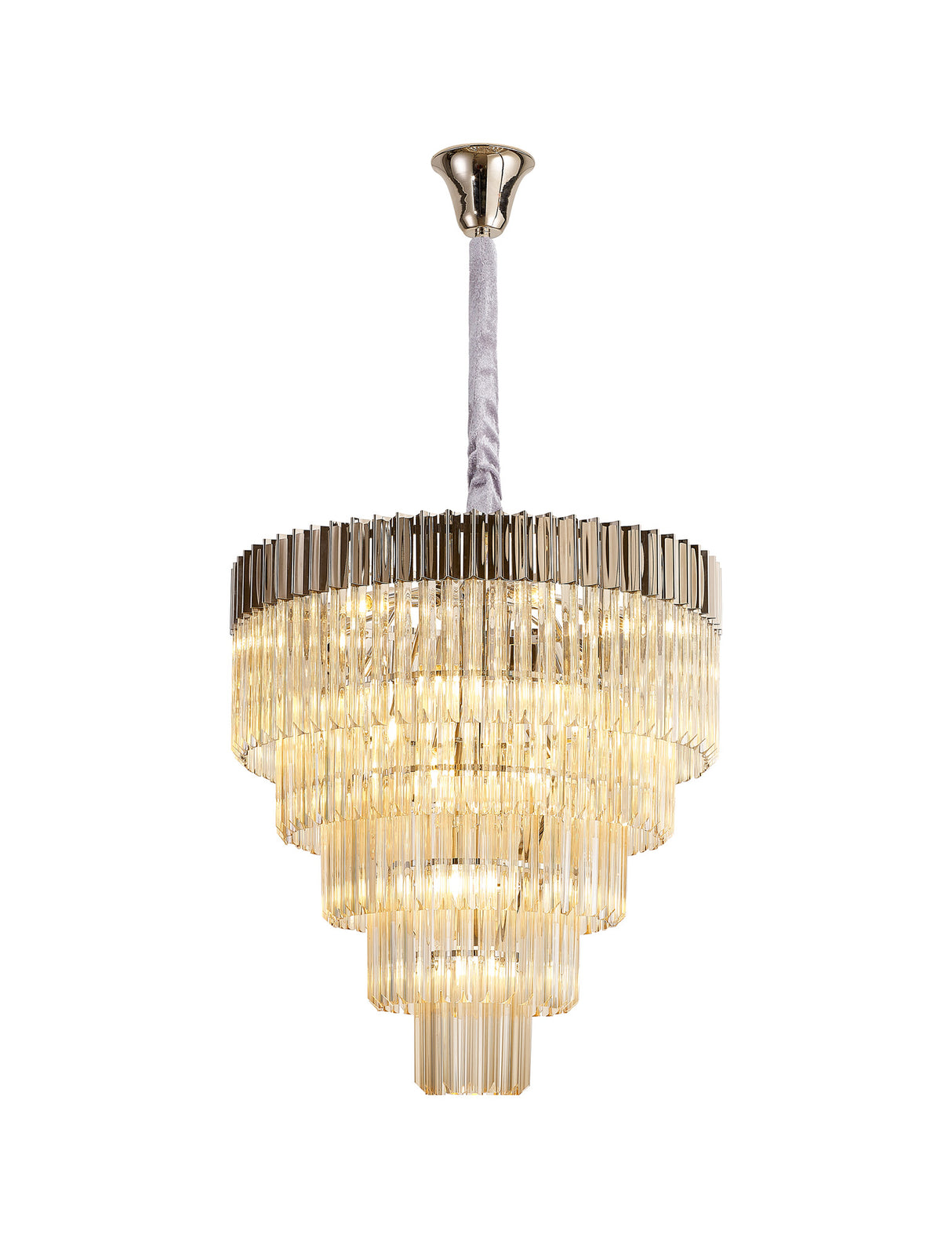 Longhorn 80cm Pendant Round 5 Tier 19 Light E14, Polished Nickel / Cognac Sculpted Glass, Item Weight: 32.6kg