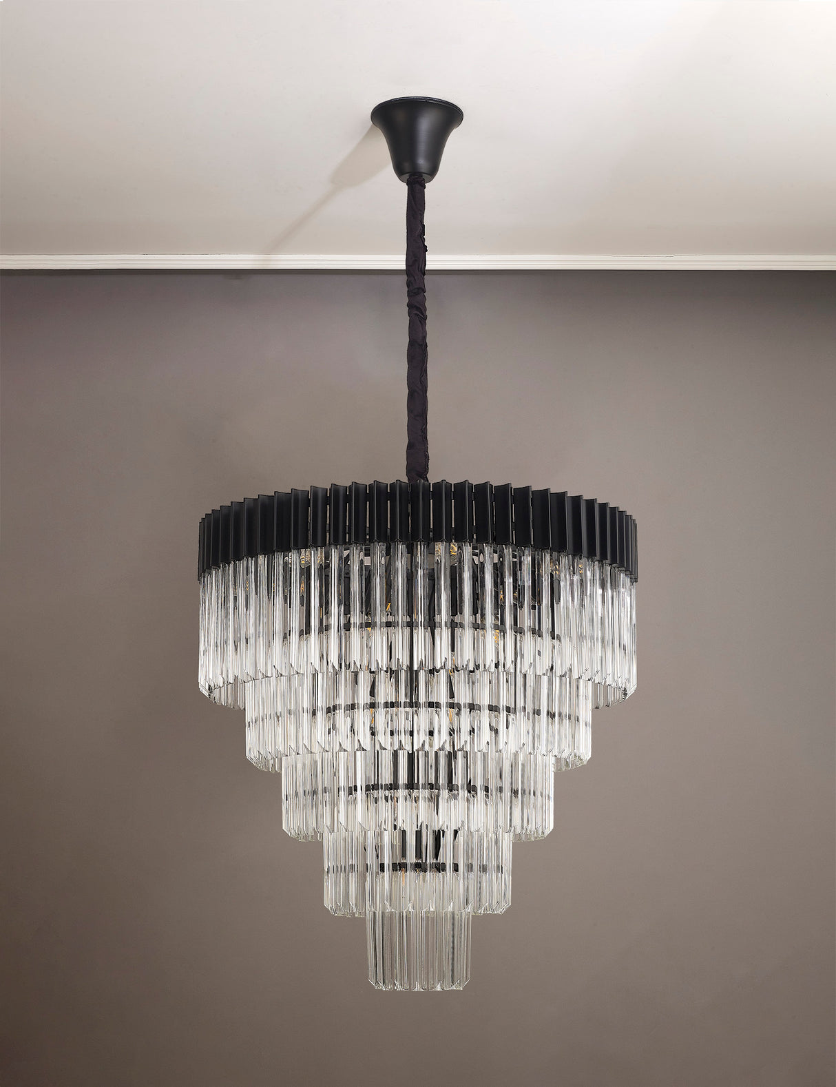 Longhorn 80cm Pendant Round 5 Tier 19 Light E14, Matt Black / Clear Sculpted Glass, Item Weight: 30.2kg