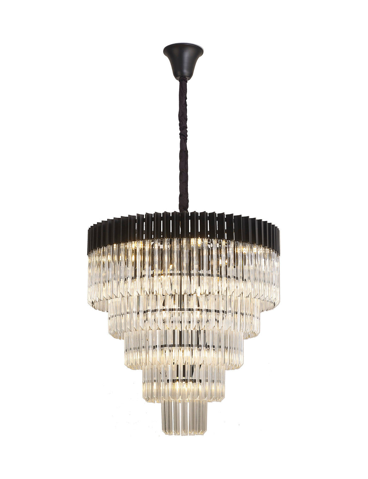 Longhorn 80cm Pendant Round 5 Tier 19 Light E14, Matt Black / Clear Sculpted Glass, Item Weight: 30.2kg