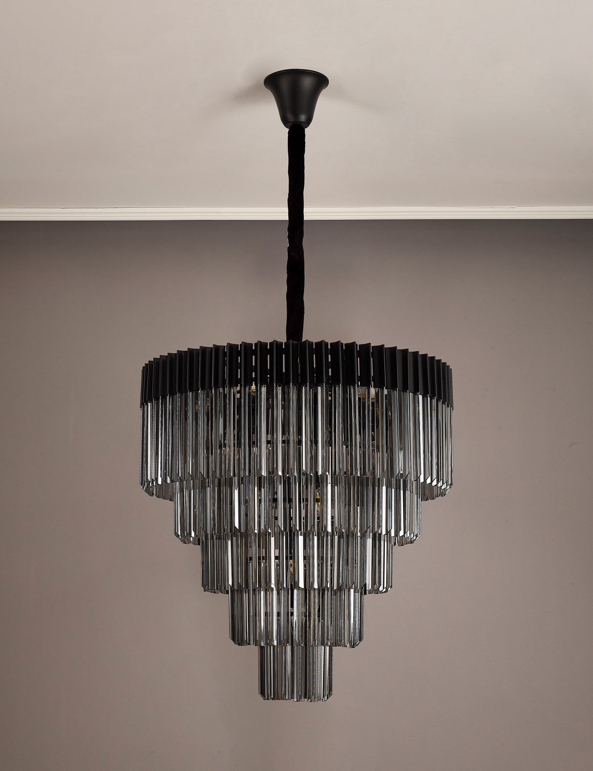 Longhorn 80cm Pendant Round 5 Tier 19 Light E14, Matt Black / Smoke Sculpted Glass, Item Weight: 32.6kg