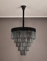 Longhorn 80cm Pendant Round 5 Tier 19 Light E14, Matt Black / Smoke Sculpted Glass, Item Weight: 32.6kg