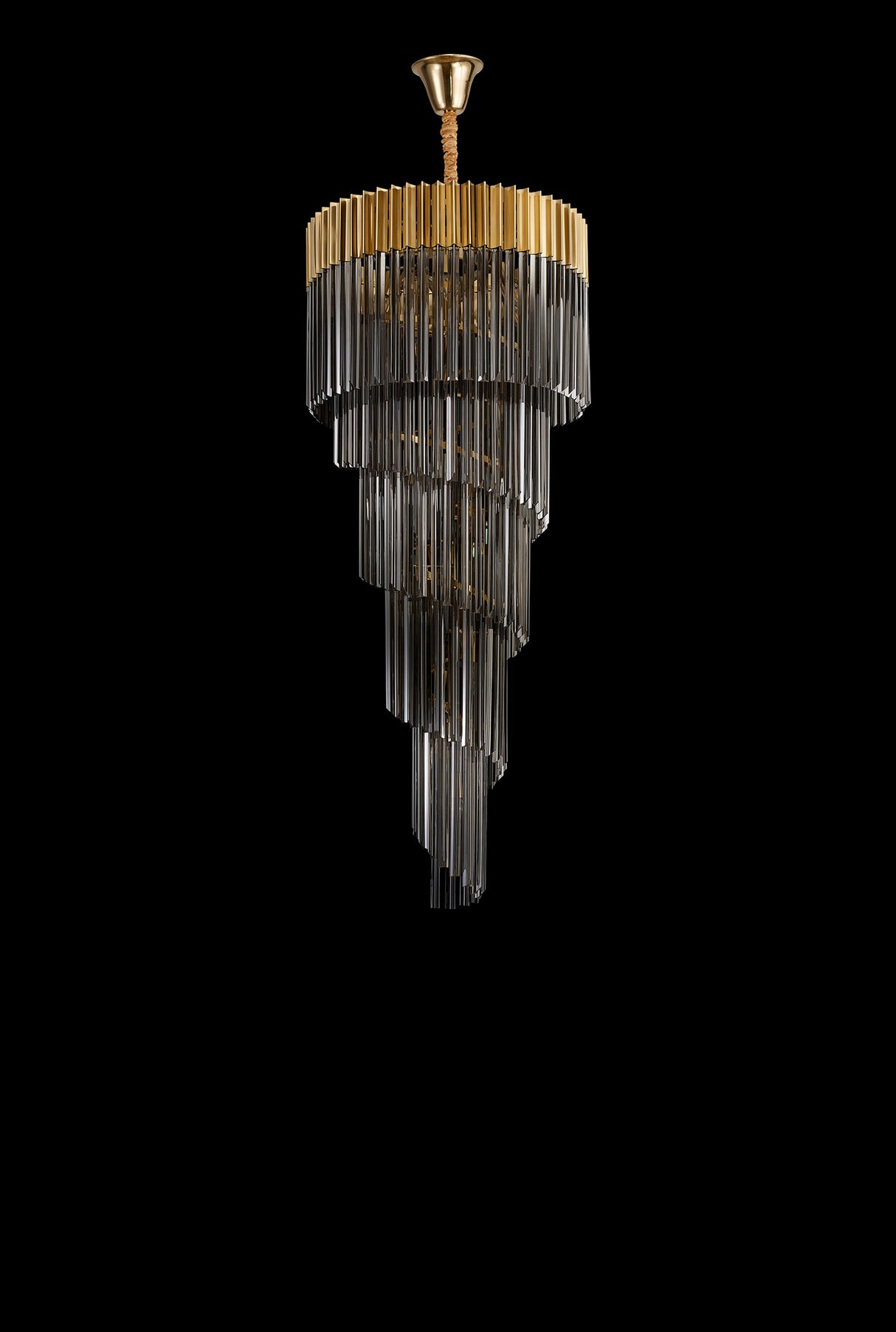 Longhorn 70cm Pendant Round 5 Layer Spiral 23 Light E14, Brass / Smoke Sculpted Glass, Item Weight: 57kg
