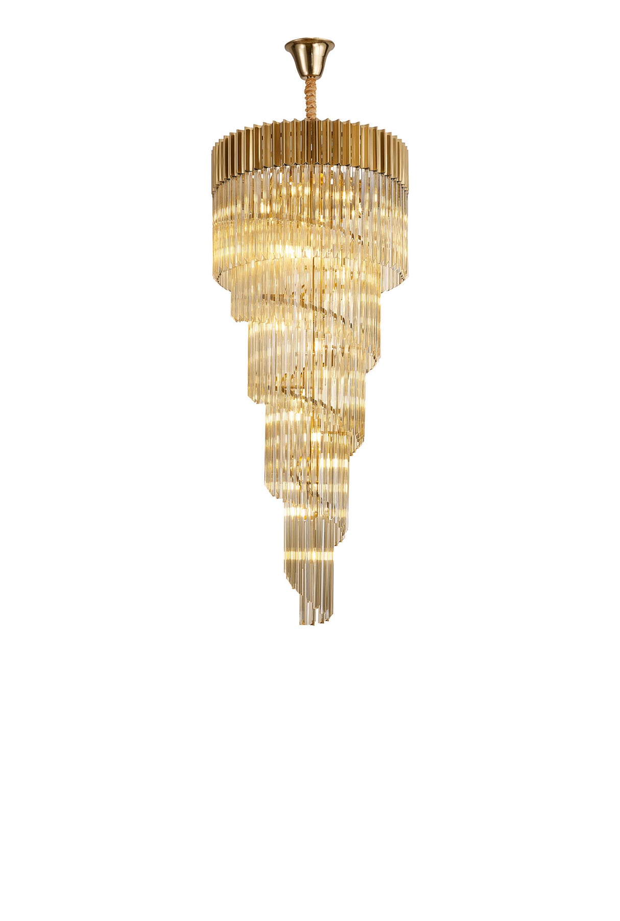 Longhorn 70cm Pendant Round 5 Layer Spiral 23 Light E14, Brass / Cognac Sculpted Glass, Item Weight: 57kg