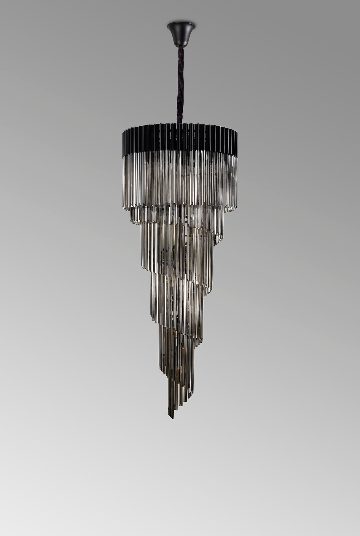 Longhorn 70cm Pendant Round 5 Layer Spiral 23 Light E14, Matt Black / Smoke Sculpted Glass, Item Weight: 57kg