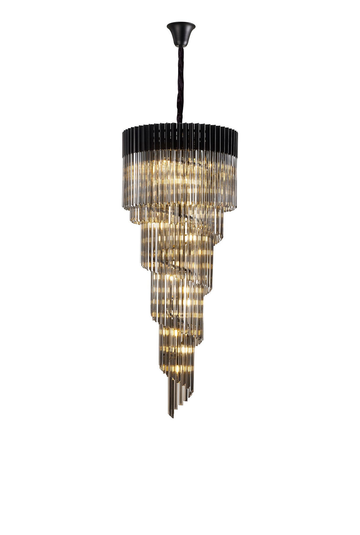Longhorn 70cm Pendant Round 5 Layer Spiral 23 Light E14, Matt Black / Smoke Sculpted Glass, Item Weight: 57kg