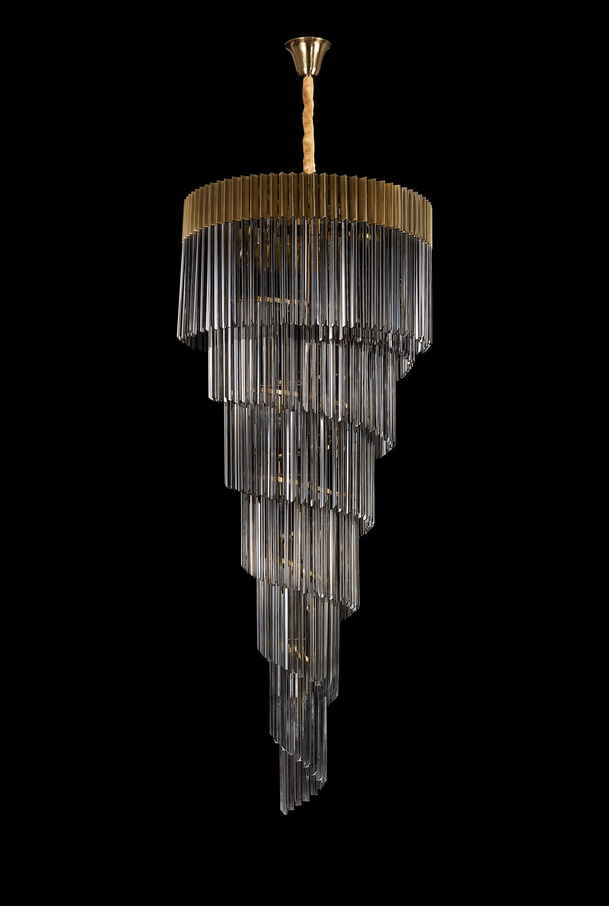Longhorn 90cm Pendant Round 7 Layer Spiral 31 Light E14, Brass / Smoke Sculpted Glass, Item Weight: 93kg