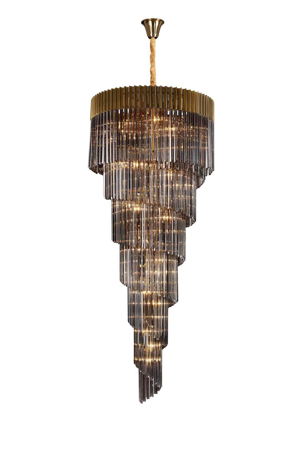 Longhorn 90cm Pendant Round 7 Layer Spiral 31 Light E14, Brass / Smoke Sculpted Glass, Item Weight: 93kg