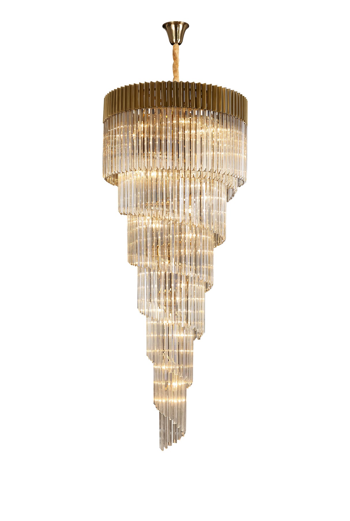 Longhorn 90cm Pendant Round 7 Layer Spiral 31 Light E14, Brass / Cognac Sculpted Glass, Item Weight: 93kg