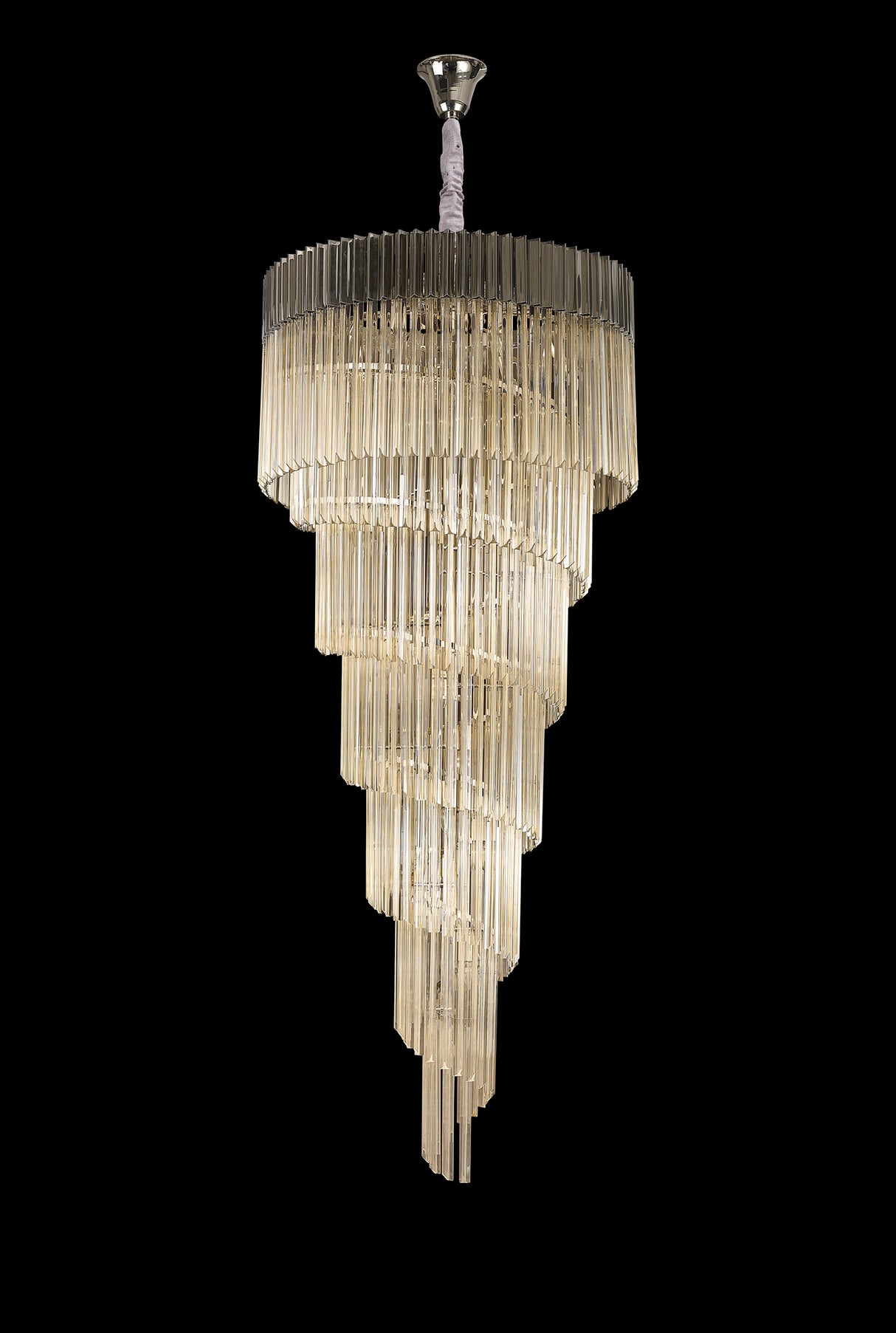 Longhorn 90cm Pendant Round 7 Layer Spiral 31 Light E14, Polished Nickel / Cognac Sculpted Glass, Item Weight: 93kg