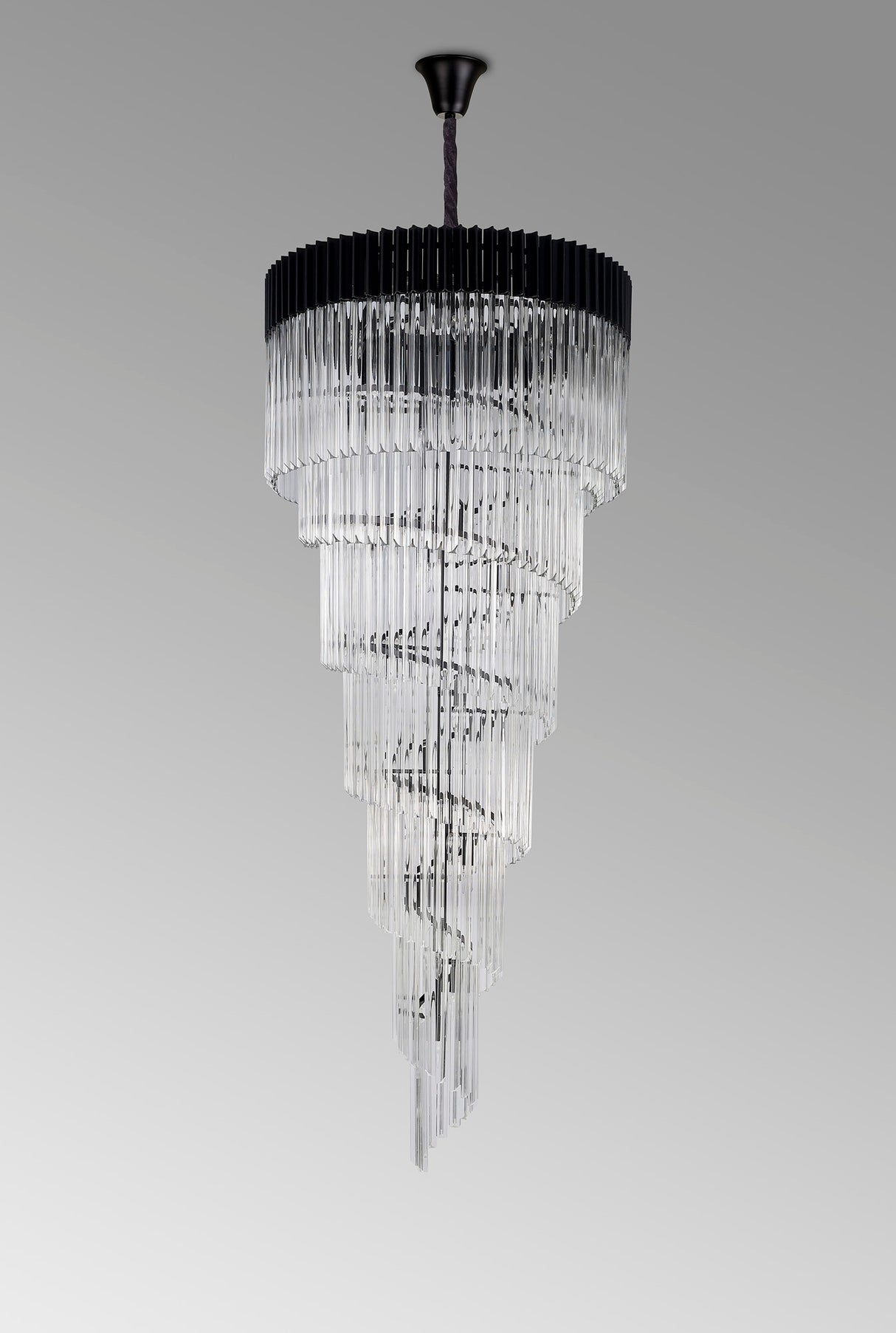 Longhorn 90cm Pendant Round 7 Layer Spiral 31 Light E14, Matt Black / Clear Sculpted Glass, Item Weight: 92.7kg