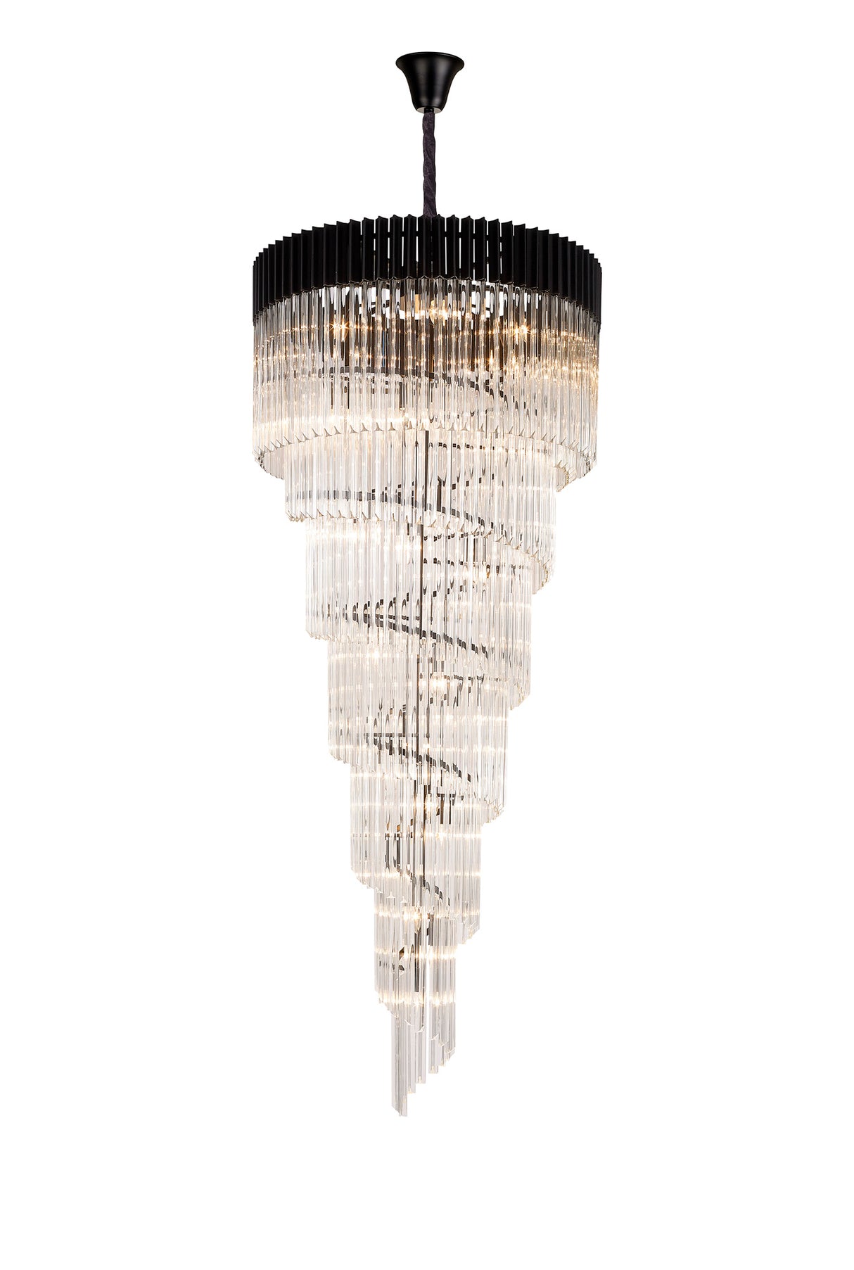 Longhorn 90cm Pendant Round 7 Layer Spiral 31 Light E14, Matt Black / Clear Sculpted Glass, Item Weight: 92.7kg