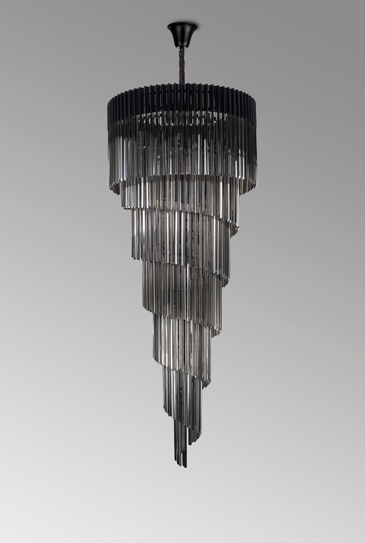 Longhorn 90cm Pendant Round 7 Layer Spiral 31 Light E14, Matt Black / Smoke Sculpted Glass, Item Weight: 93kg