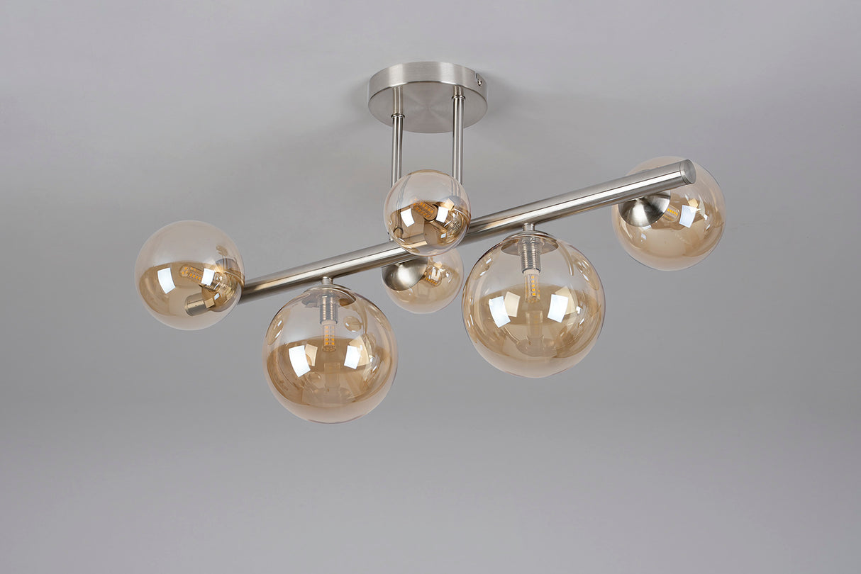 Ferguson Semi Flush Ceiling Light, 6 x G9, Satin Nickel, Amber Plated Glass