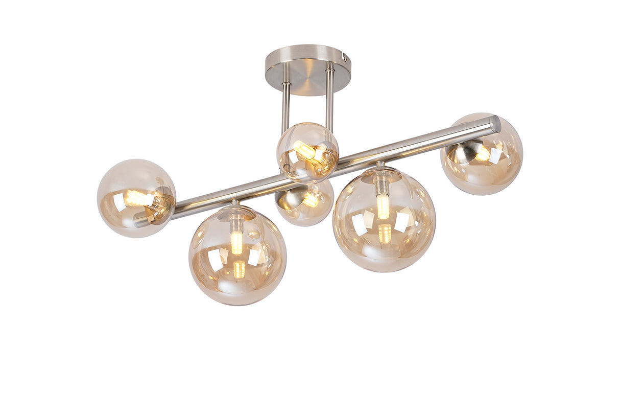 Ferguson Semi Flush Ceiling Light, 6 x G9, Satin Nickel, Amber Plated Glass