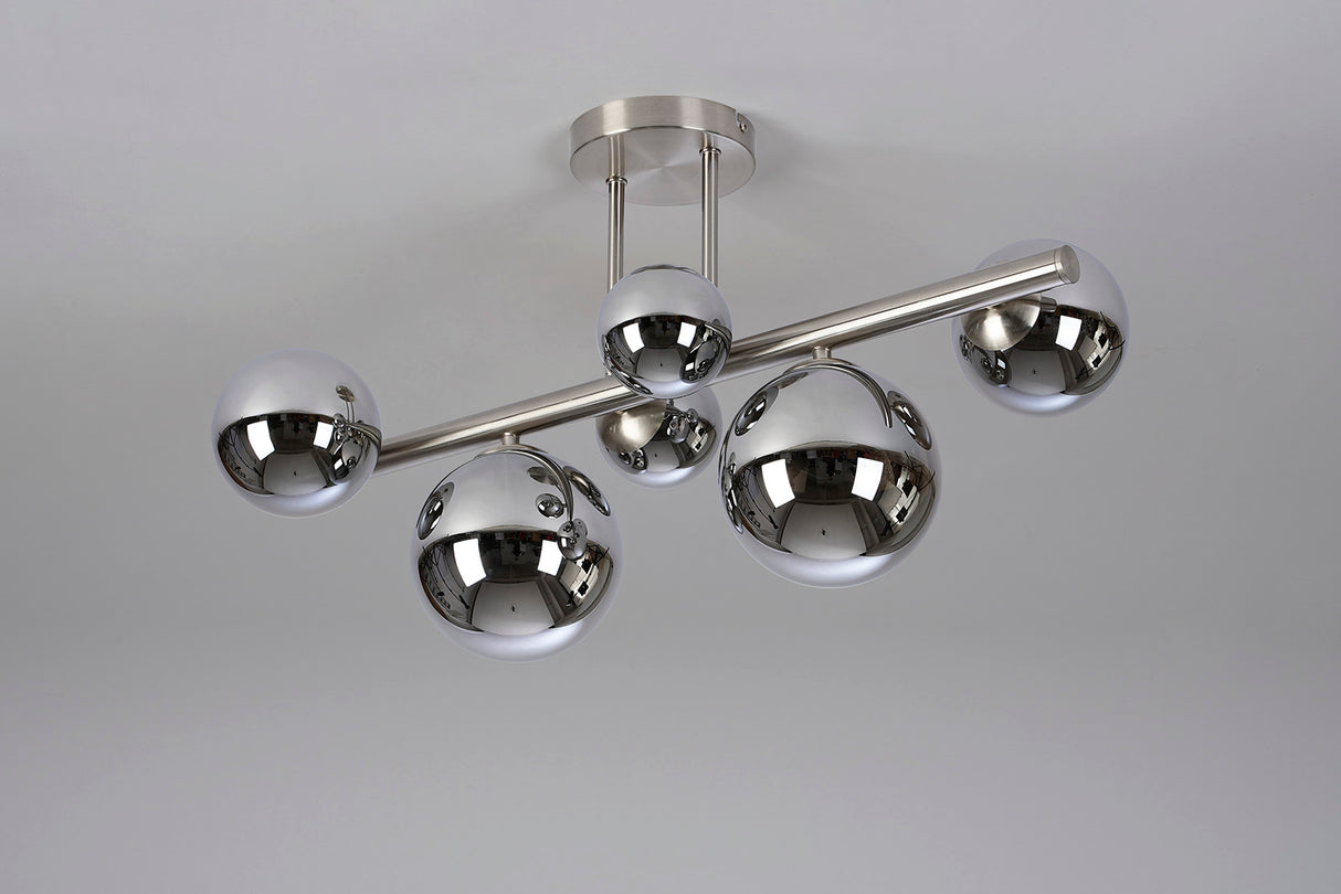Ferguson Semi Flush Ceiling Light, 6 x G9, Satin Nickel, Chrome Plated Glass