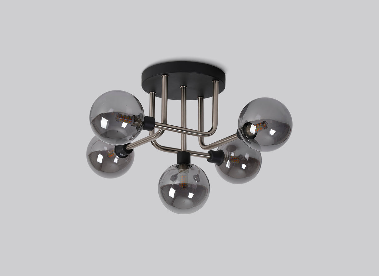 Gayle Flush Ceiling, 5 Light G9, Graphite / Satin Nickel / Smoke Glass