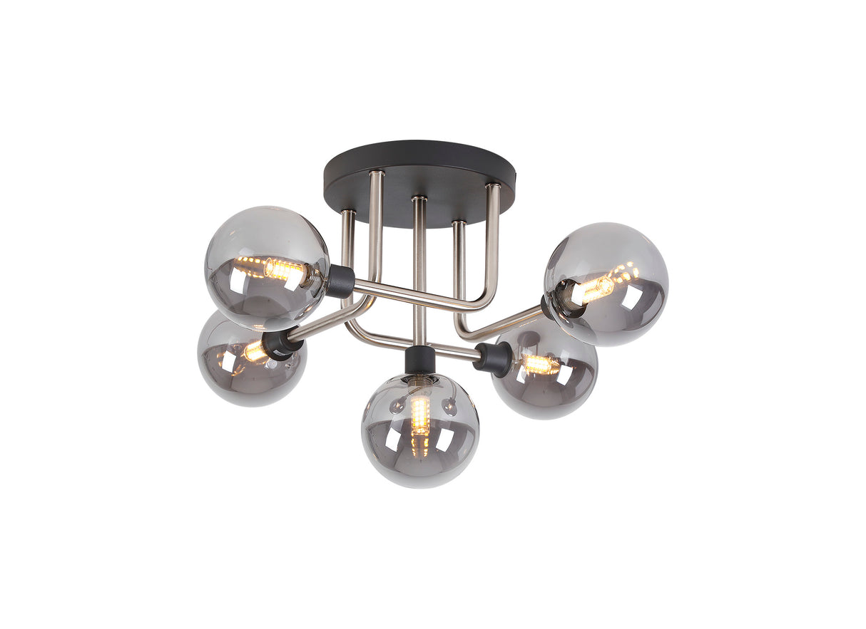Gayle Flush Ceiling, 5 Light G9, Graphite / Satin Nickel / Smoke Glass