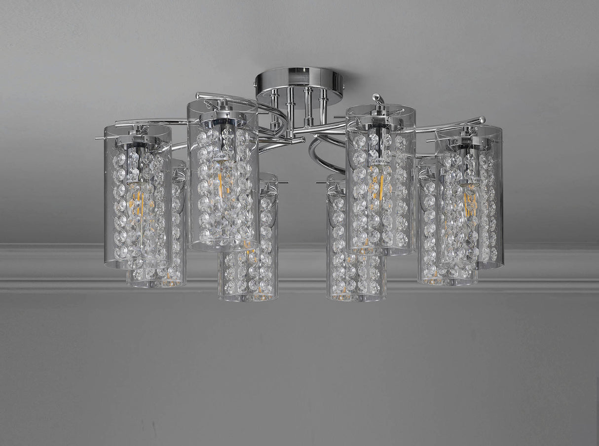 Prudhoe Semi Flush Light, 8 x E14, Polished Chrome / Crystal / Glass
