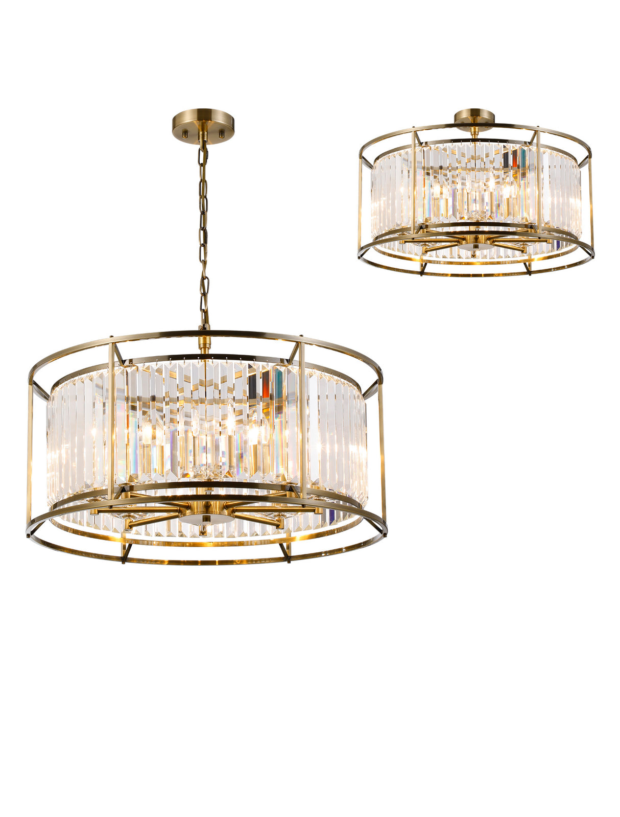 Buckley Pendant / Semi Ceiling Convertible, 8 x E14, Antique Brass / Clear
