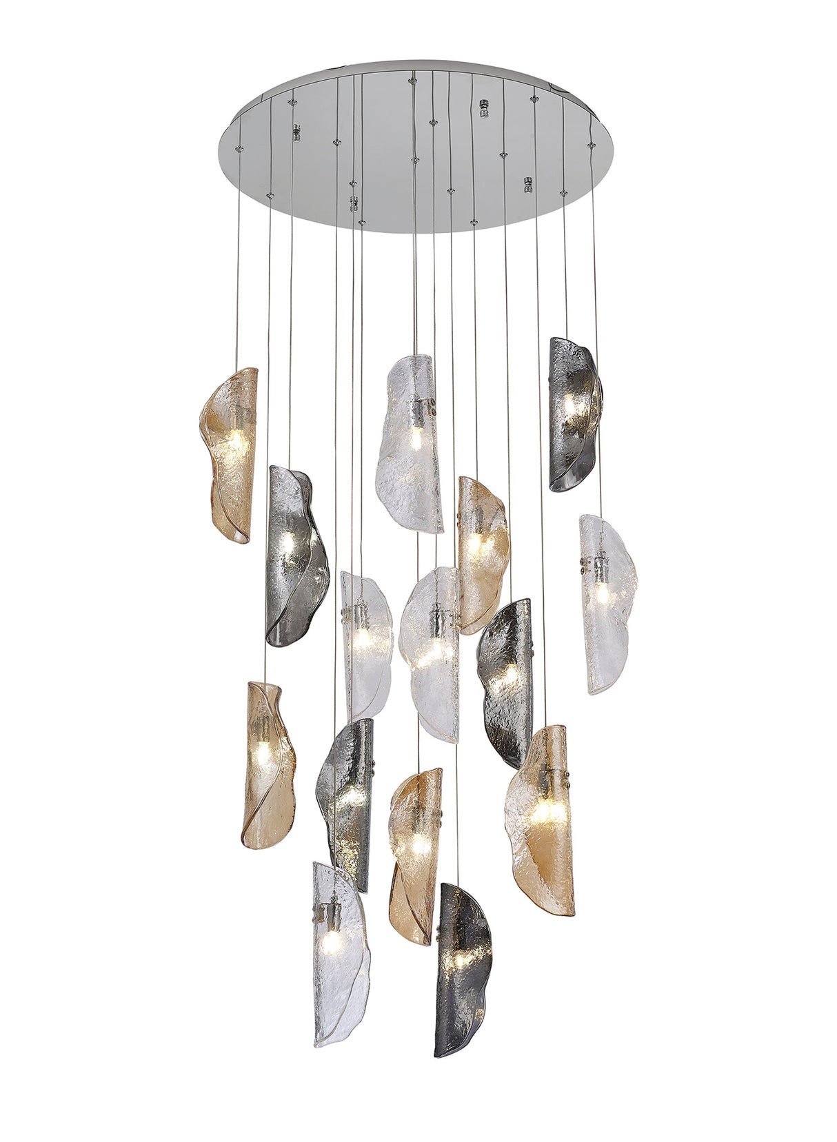 Young Pendant 3m, 15 x G9, Polished Chrome / Clear & Amber & Smoked Glass, Item Weight: 17.5kg