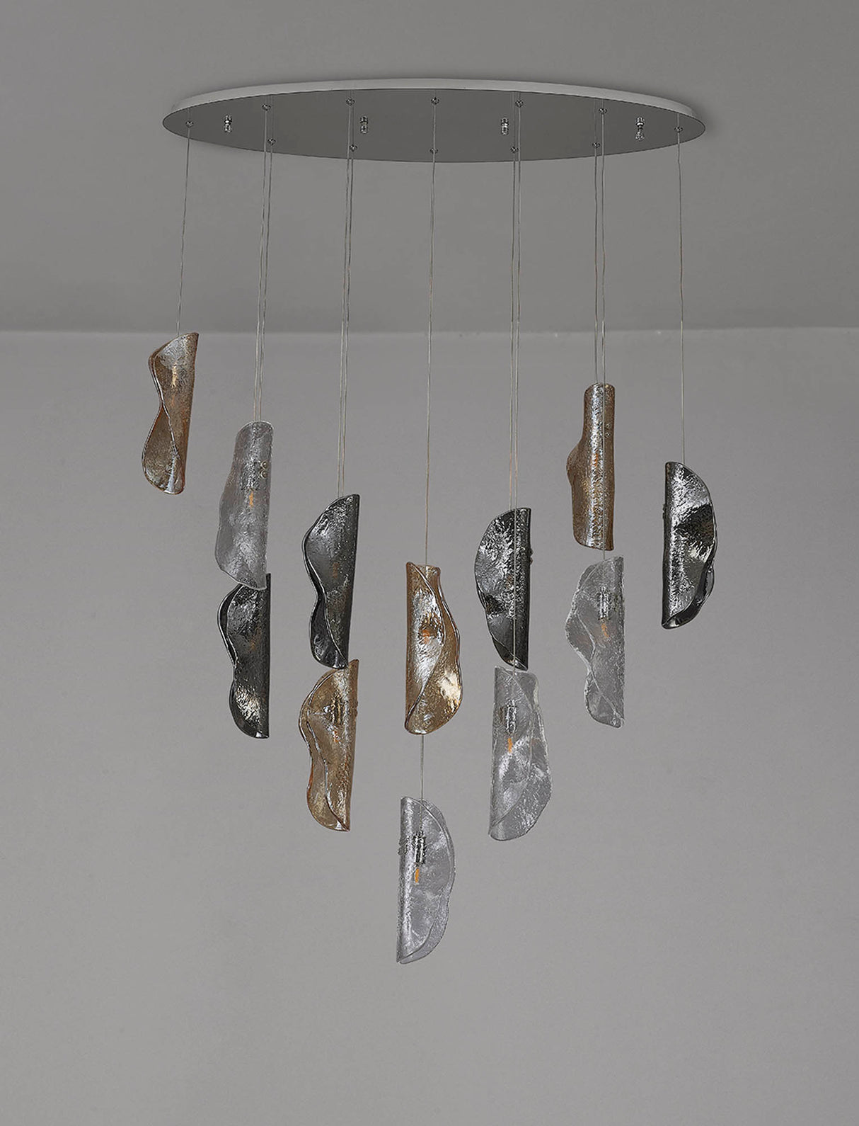 Young Oval Pendant 2m, 12 x G9, Polished Chrome / Clear & Amber & Smoked Glass