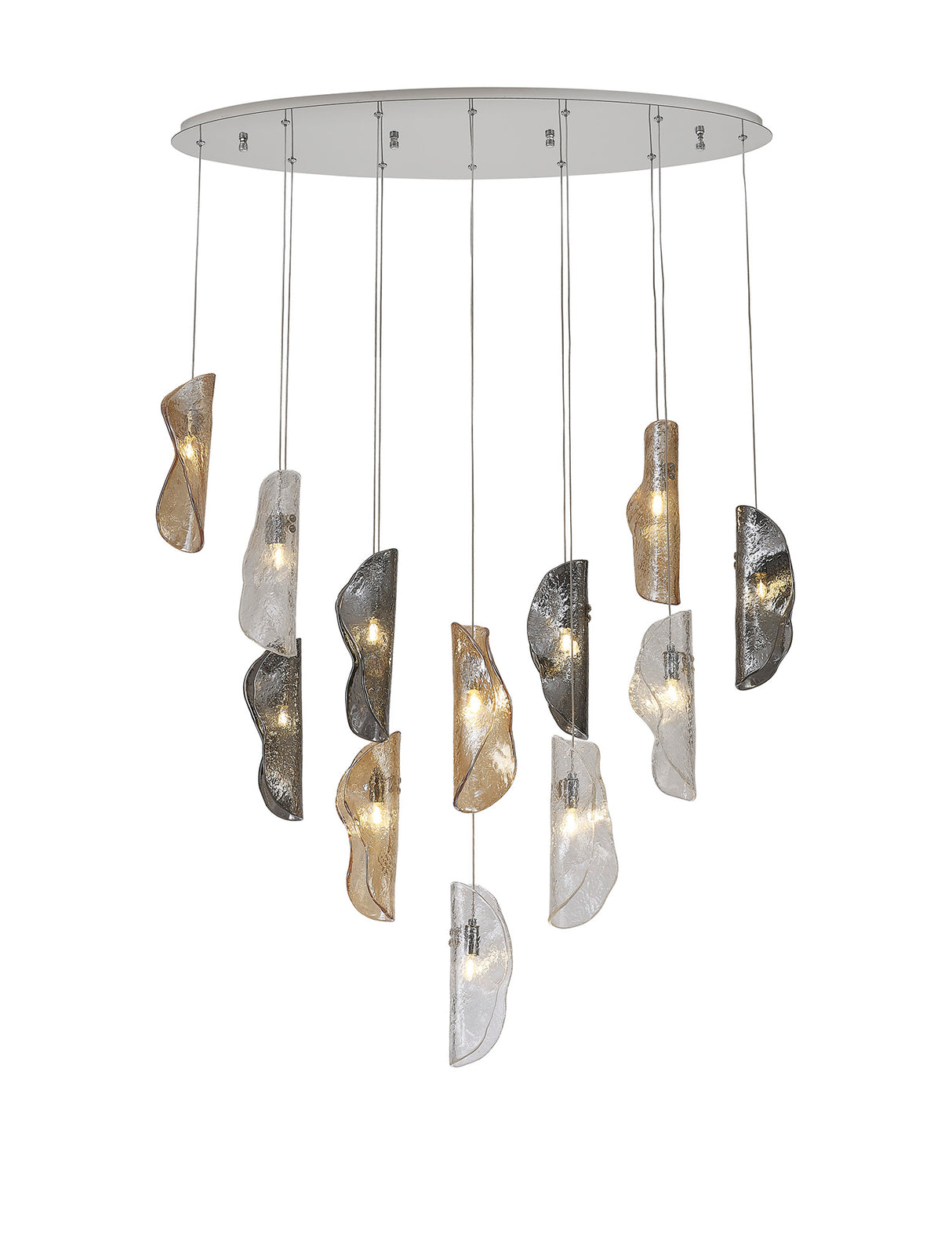 Young Oval Pendant 2m, 12 x G9, Polished Chrome / Clear & Amber & Smoked Glass