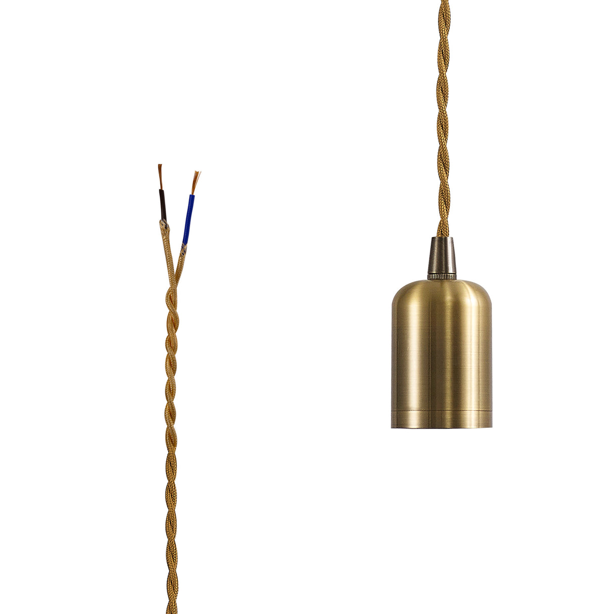 Robson E27 (Max 60W) Lampholder Antique Brass With 3m Golden Brown Braided Twisted Cable & Deeper Shade Ring, Suitable For Shades & Cages