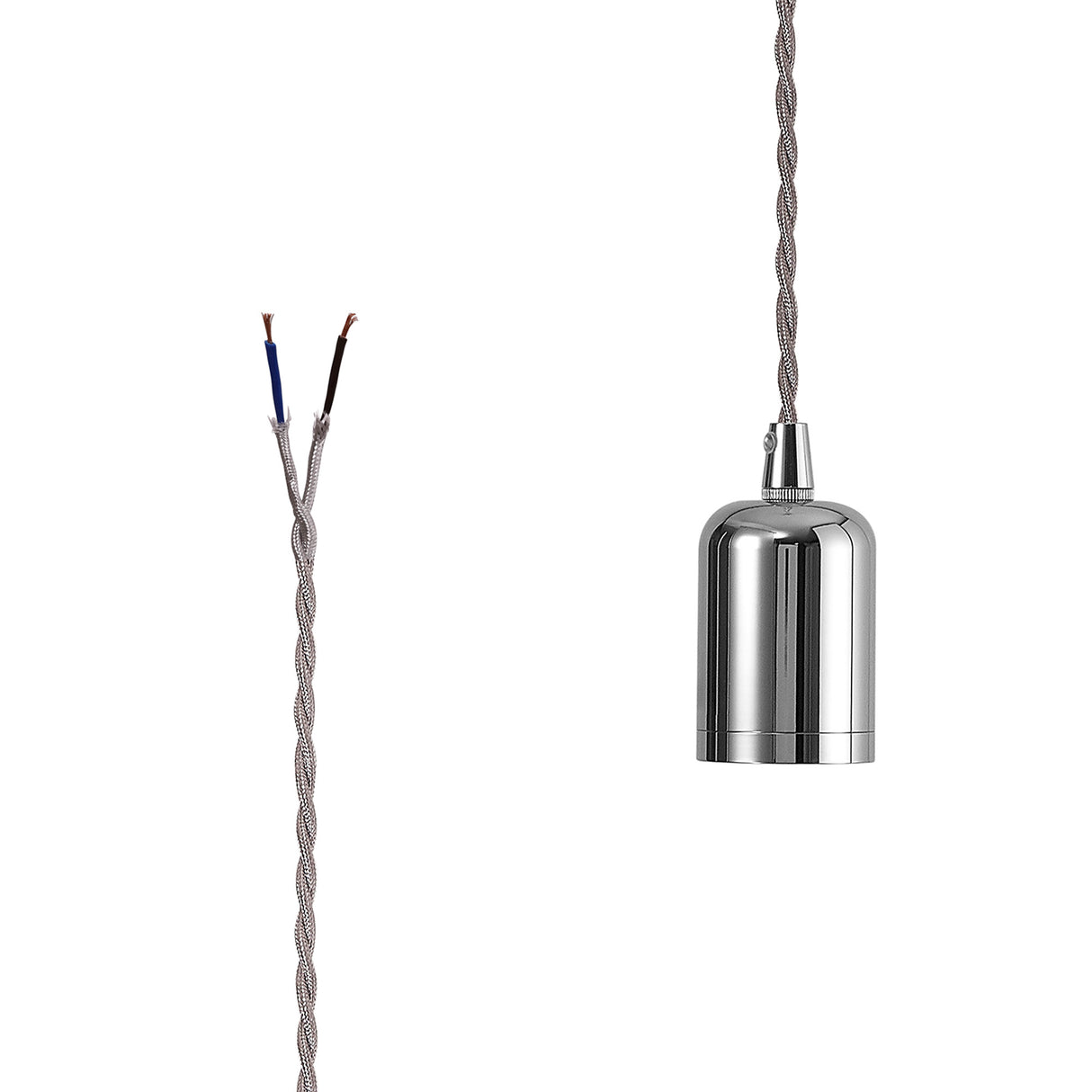 Robson E27 (Max 60W) Lampholder Chrome With 3m Silver Braided Twisted Cable & Deeper Shade Ring, Suitable For Shades & Cages